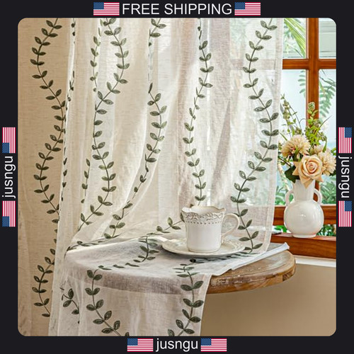 Linen embroidered leaf sheer - linen,