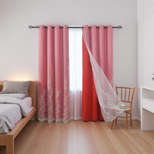 Red double layer curtains - red,